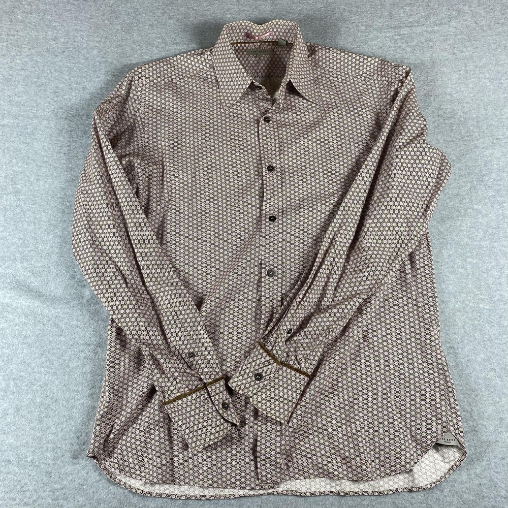 Ted Baker Shirt Mens Medium Brown Pink Geometric Print Long Sleeve‎ Cotton Dress